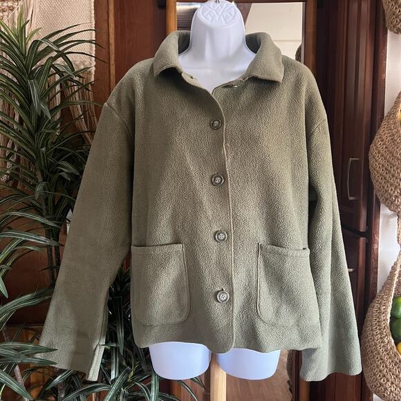 Vintage 90s Eddie Bauer Olive Green Fleece Jacket M USA Made Coastal Cottagecore - Picture 1 of 7